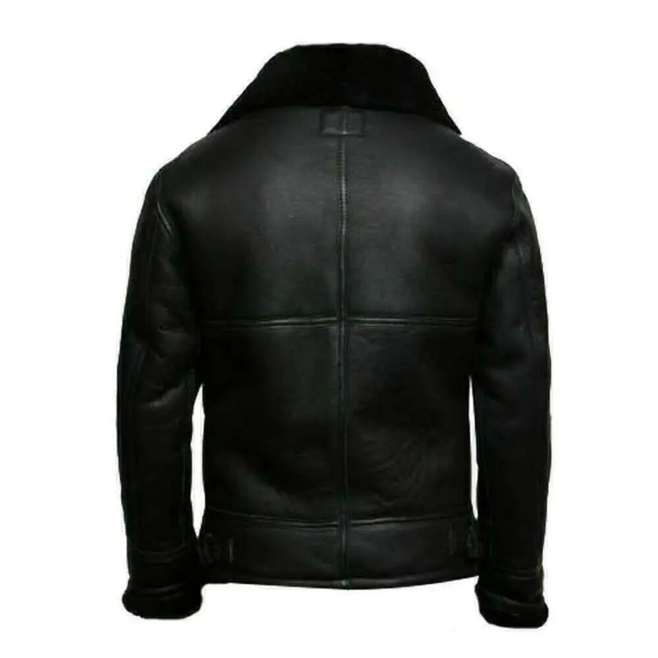 Back view of genuine leather SWAT jacket for men by Lush Gear in black with fur collar