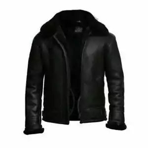 Black genuine leather SWAT jacket for men with front zipper and padded collar by Lush Gear