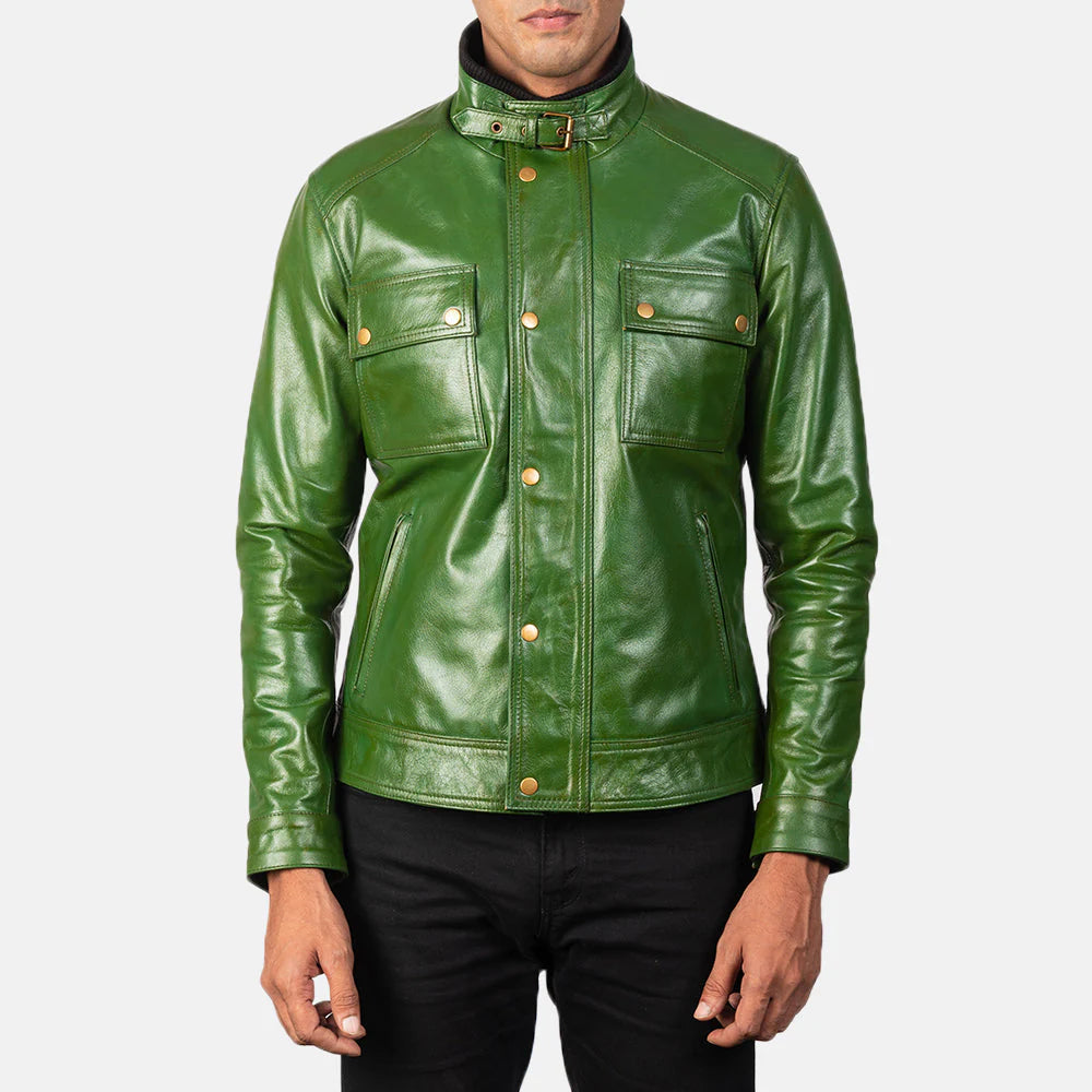 Lush Gear green leather biker jacket with front pockets and buckle collar on male model