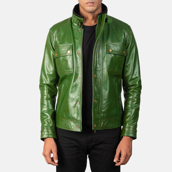 Lush Gear green leather biker jacket with front pockets and button details worn by male model