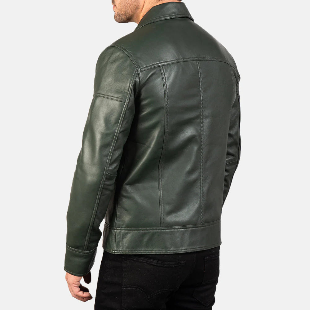 Back view of a man wearing a green leather biker jacket by Lush Wear with detailed stitching