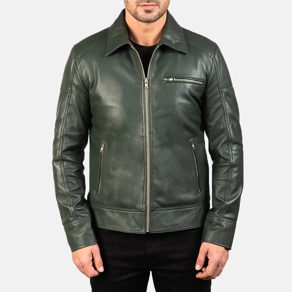 Lush Gear green leather biker jacket with front zipper and zippered pockets worn by male model