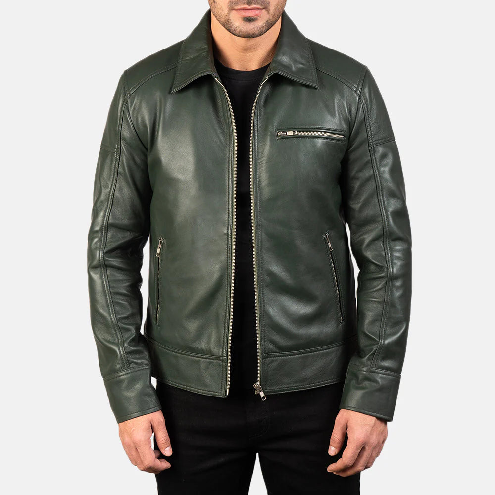 Lush Gear green leather biker jacket with zippered pockets and a classic collar worn over black shirt