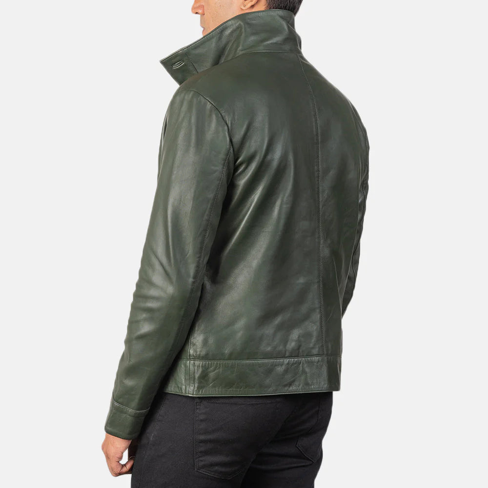 Back view of a man wearing a green leather bomber jacket by Lush Wear with a high collar and long sleeves