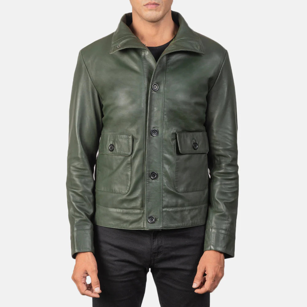 Lush Wear green leather bomber jacket with button closure and front flap pockets