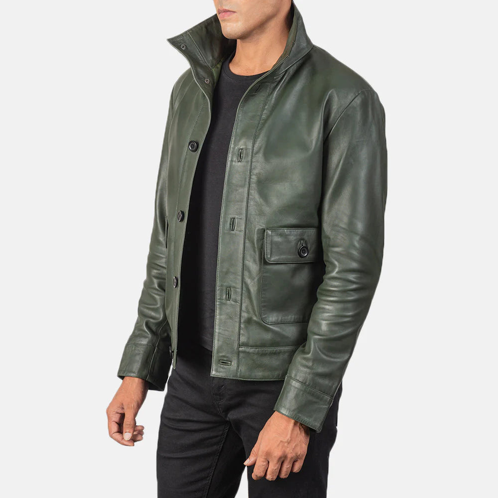 Lush Gear green leather bomber jacket with button closure and flap pockets worn by male model