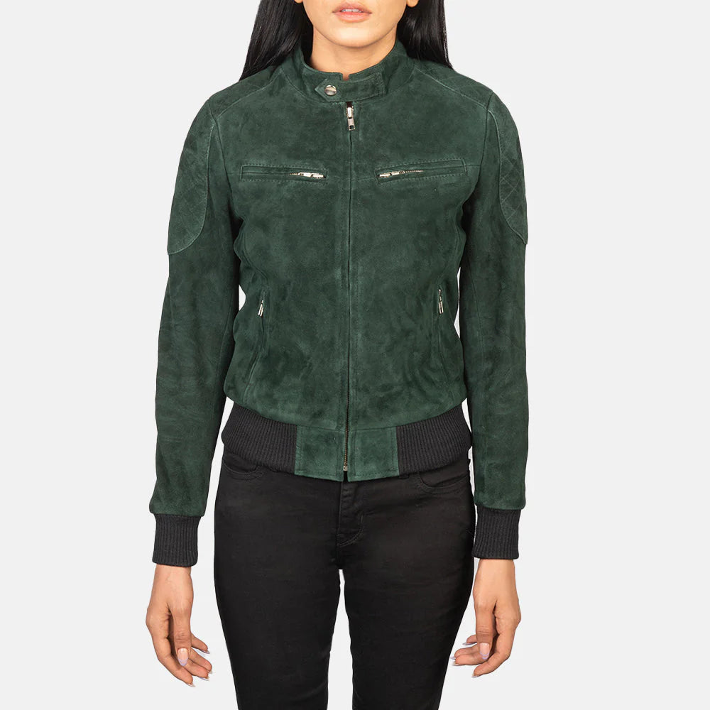 Lush Gear green suede bomber jacket with front zipper and ribbed cuffs worn by model