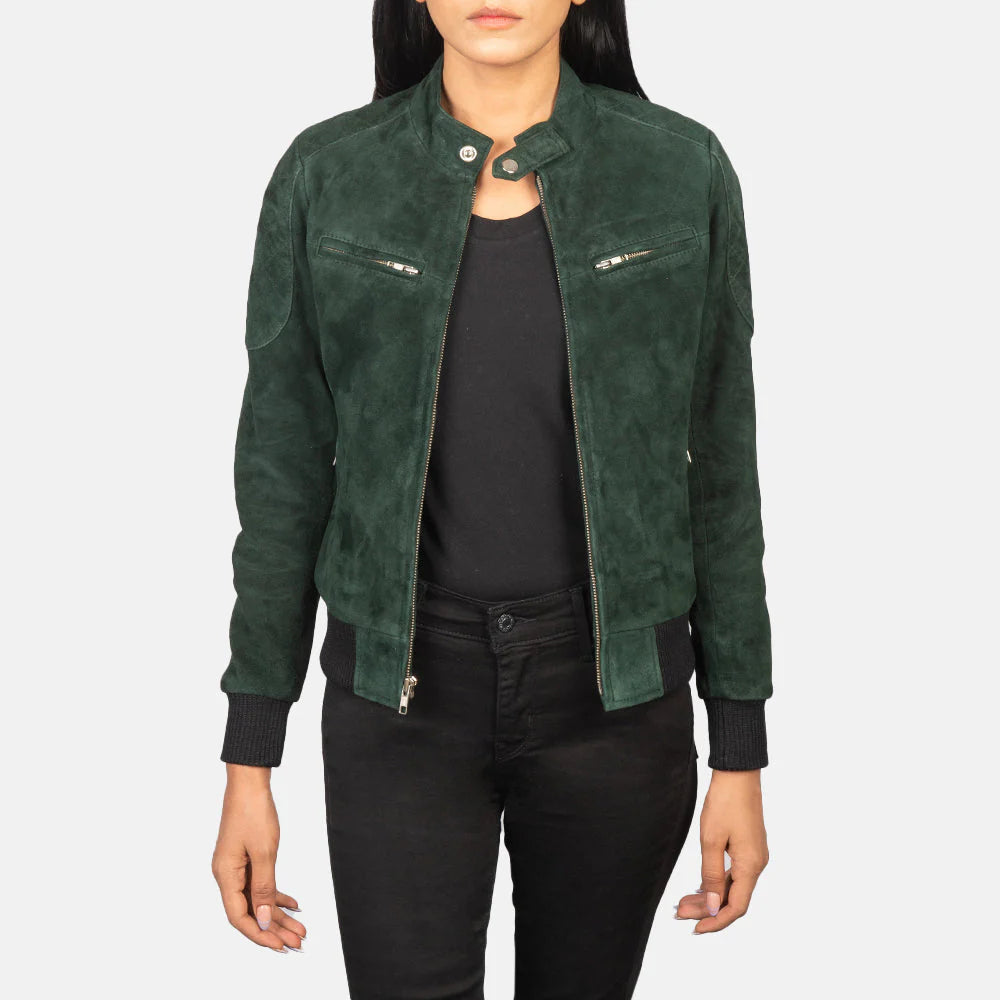 Green suede bomber jacket by Lush Wear worn by a model with black shirt and black pants