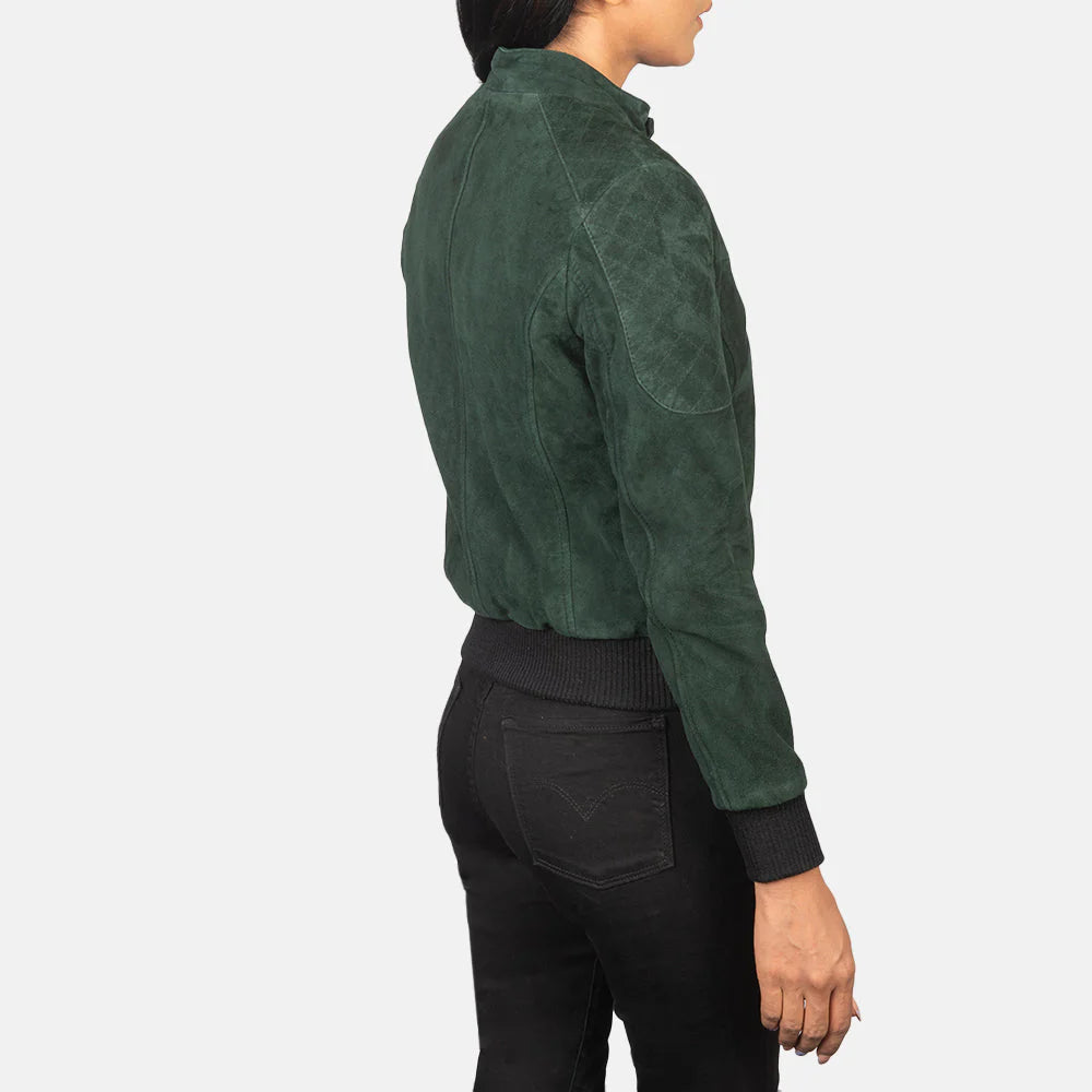 Back view of a person wearing a green suede bomber jacket by Lush Gear with ribbed cuffs and waistband