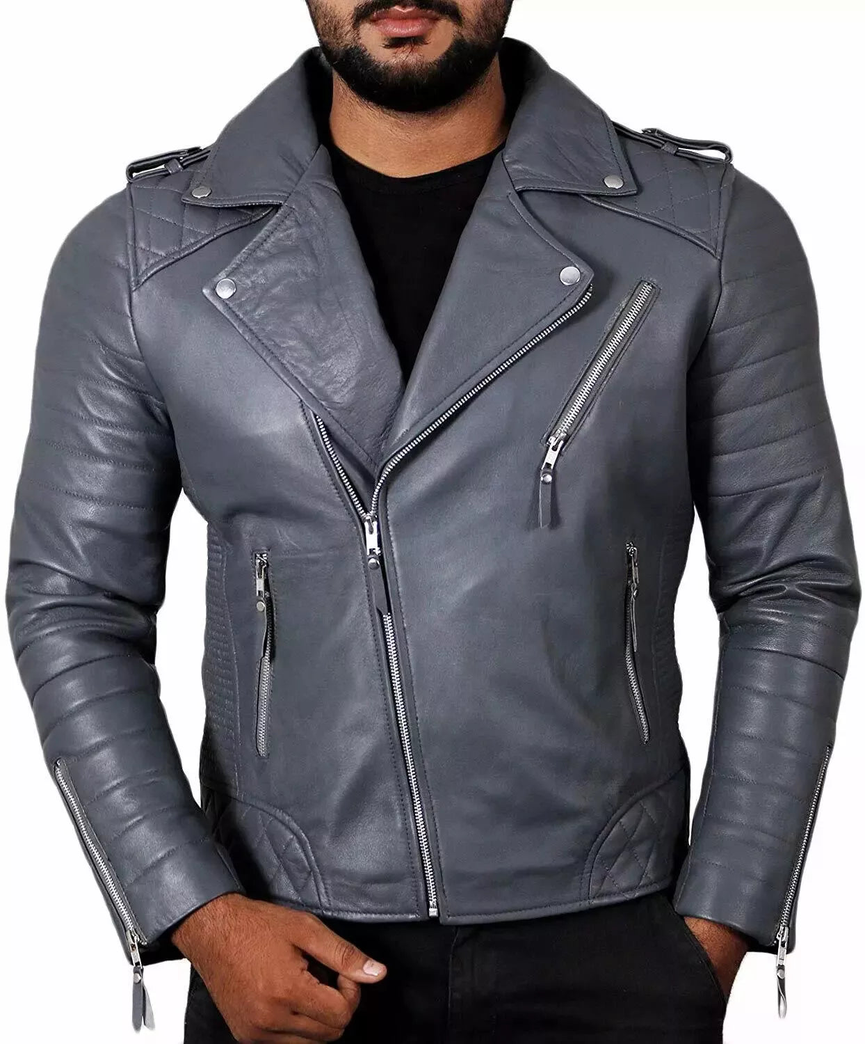 Grey brando men's leather biker jacket by Lush Gear with zippered pockets and quilted shoulder detail