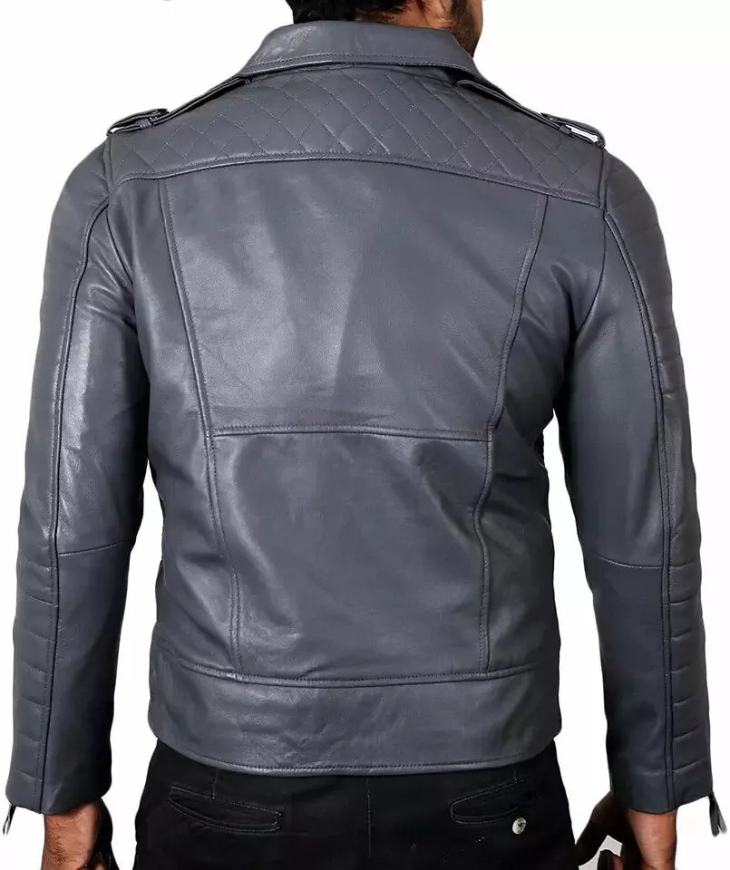 Back view of grey brando men's leather biker jacket with quilted shoulder design by Lush Gear