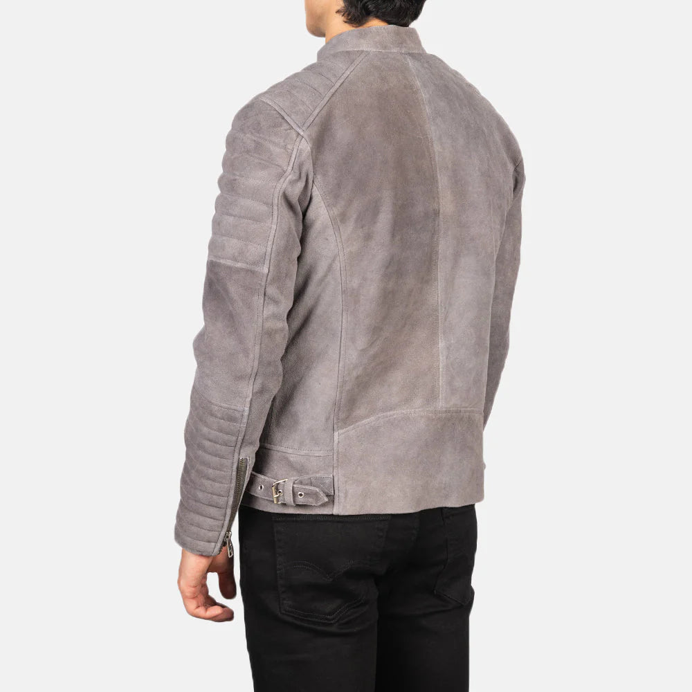 Back view of grey suede biker jacket with quilted sleeves and side buckle details by Lush Gear