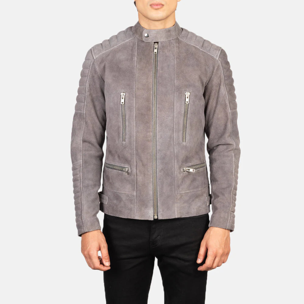Lush Gear grey suede biker jacket with quilted sleeves and front zipper pockets
