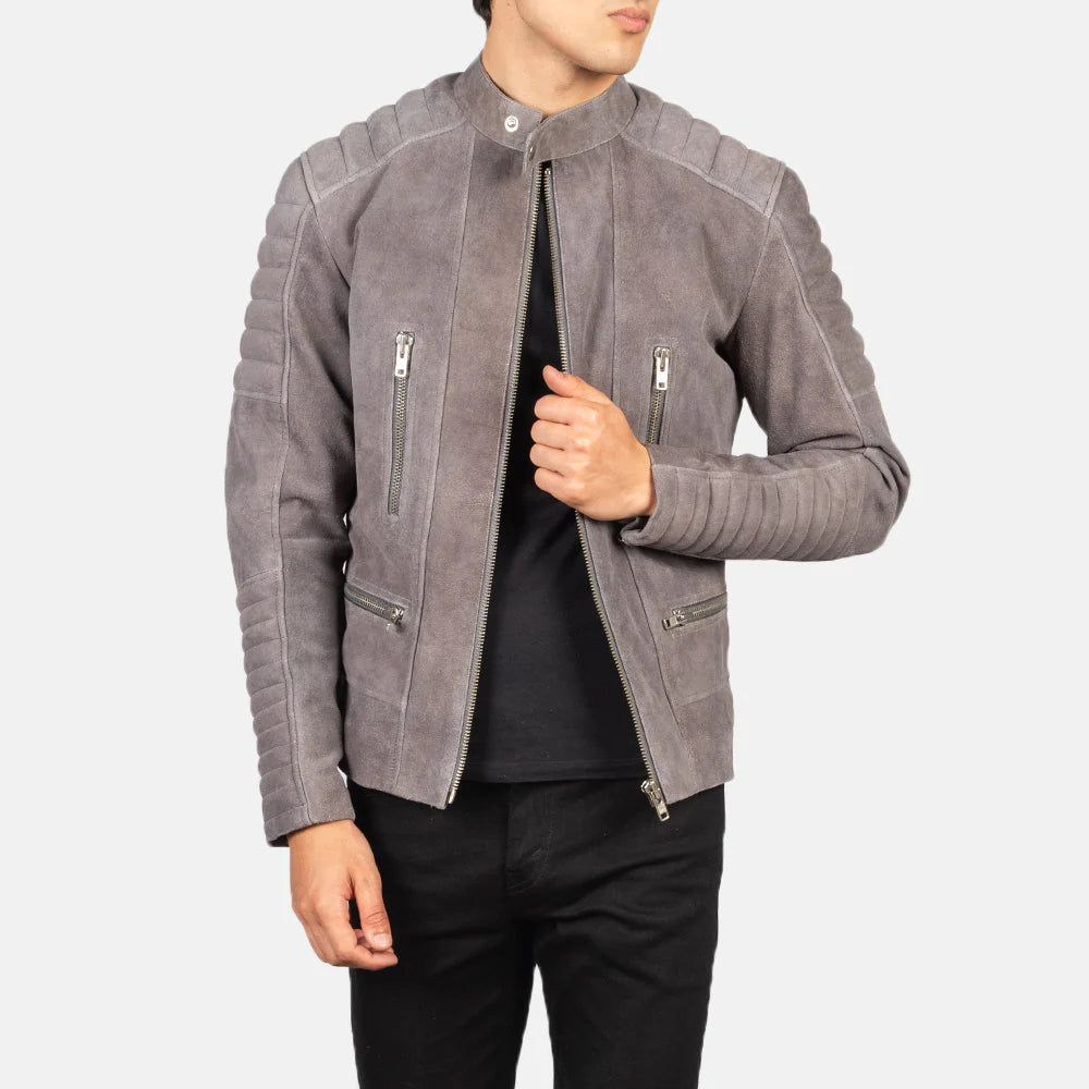 Lush Gear grey suede biker jacket with quilted sleeves and front zip pockets on male model