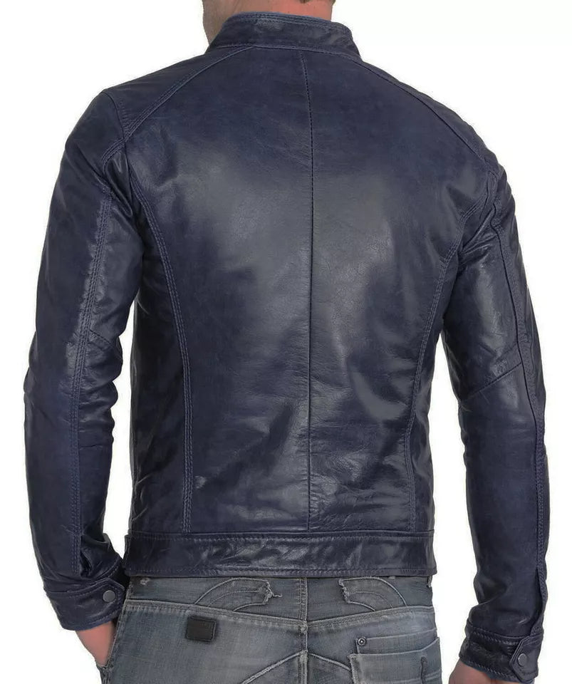 Back view of Handmade Blue Genuine Leather Lambskin Vintage Bomber Jacket for Men by Lush Wear
