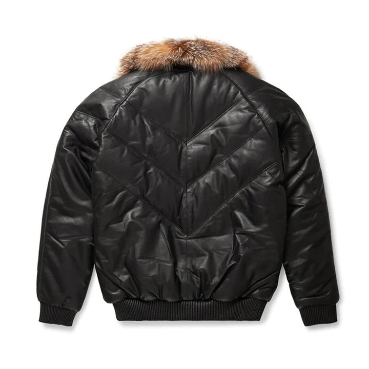 Men's Black Leather V-Bomber Jacket with Crystal Faux Fur
