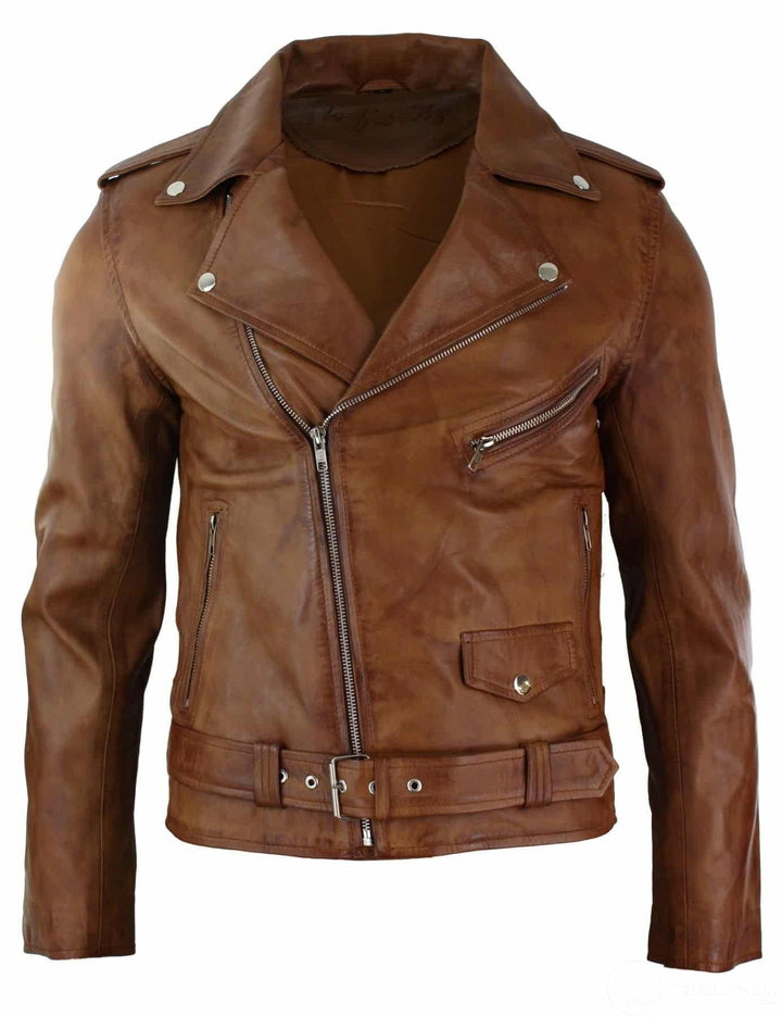 Real Leather Slim Fit Cross Zip Mens Retro Vintage Brando Jacket Vintage Biker-Tan