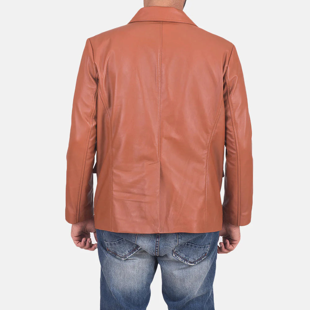 Back view of James brown leather blazer for men by Lush Gear worn with blue jeans