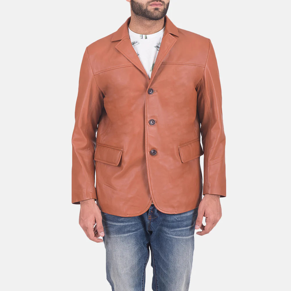 James brown leather blazer for men by Lush Gear featuring three-button closure and front flap pockets