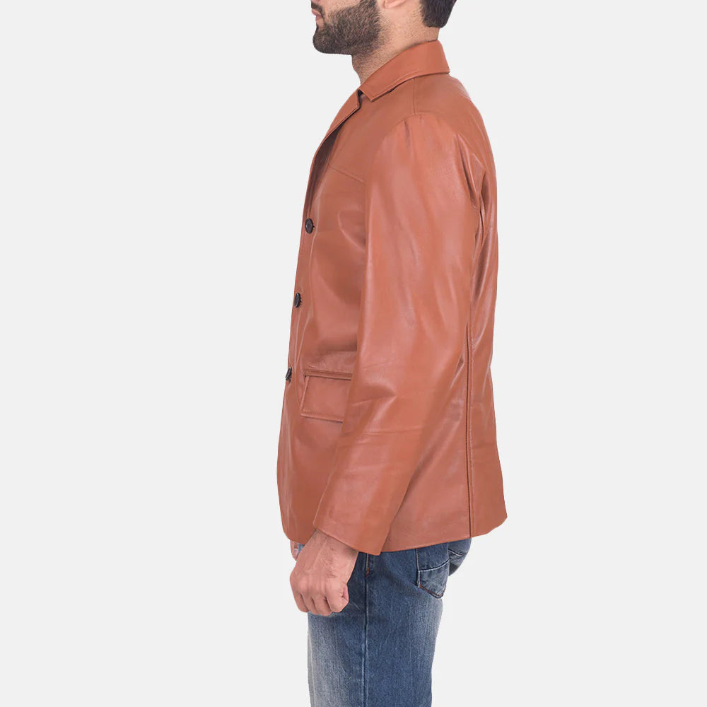 Side view of James brown leather blazer for men worn by model paired with blue jeans