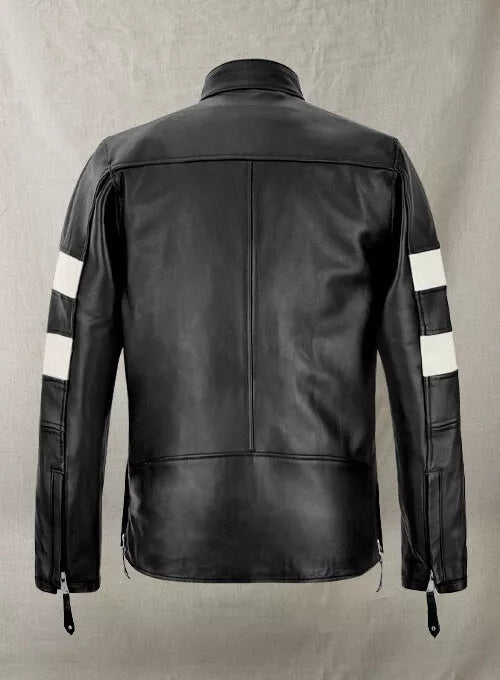 Back view of John Wick biker leather jacket by Lush Gear in black with white stripes on sleeves