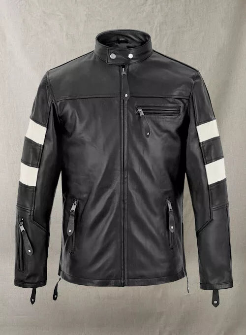Lush Gear John Wick biker leather jacket in black with white stripes on sleeves and zippered pockets