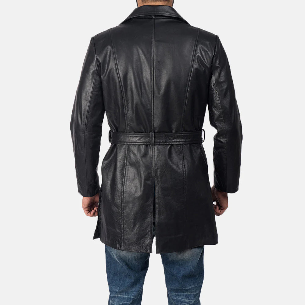 Back view of Jordan Black Leather Coat by Lush Gear worn by a man with blue jeans