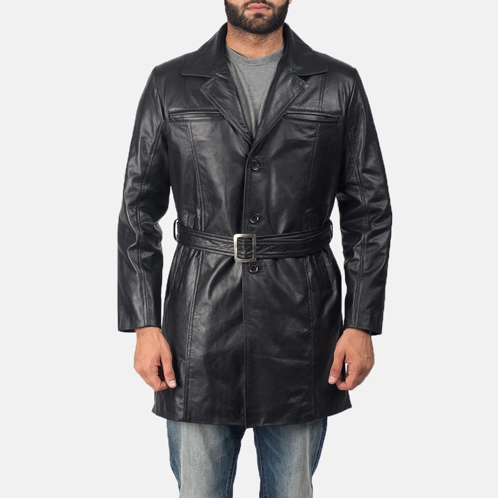 Jordan Black Leather Coat by Lush Gear worn by male model with front buttons and waist belt