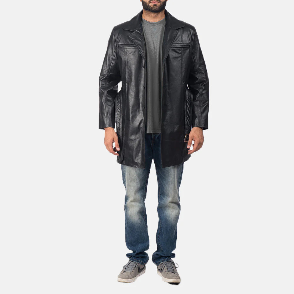 Front view of a man wearing a Jordan Black Leather Coat paired with casual jeans and sneakers
