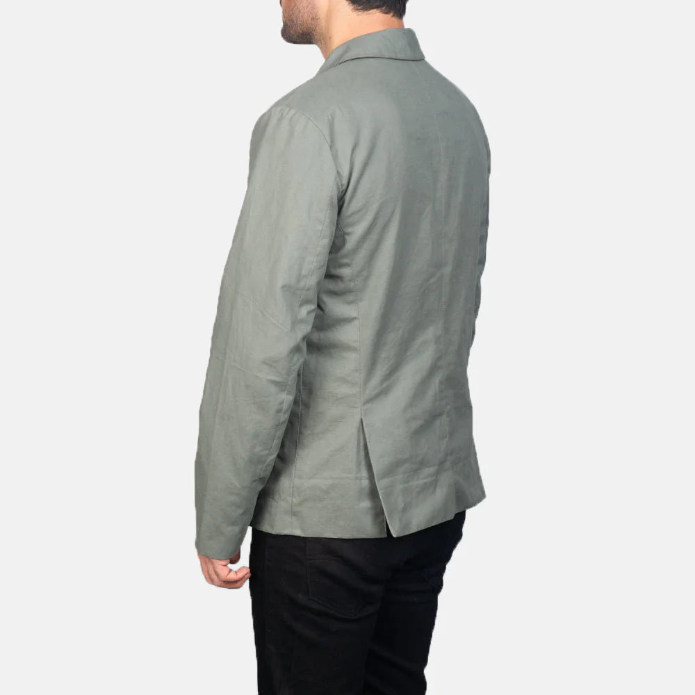 Back view of a man wearing Kajetan Grey Safari Jacket by Lush Gear with a vented back design