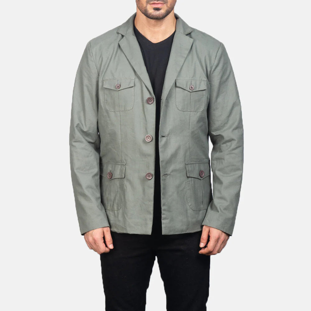 Kajetan Grey Safari Jacket by Lush Gear with buttoned front and chest pockets on male model
