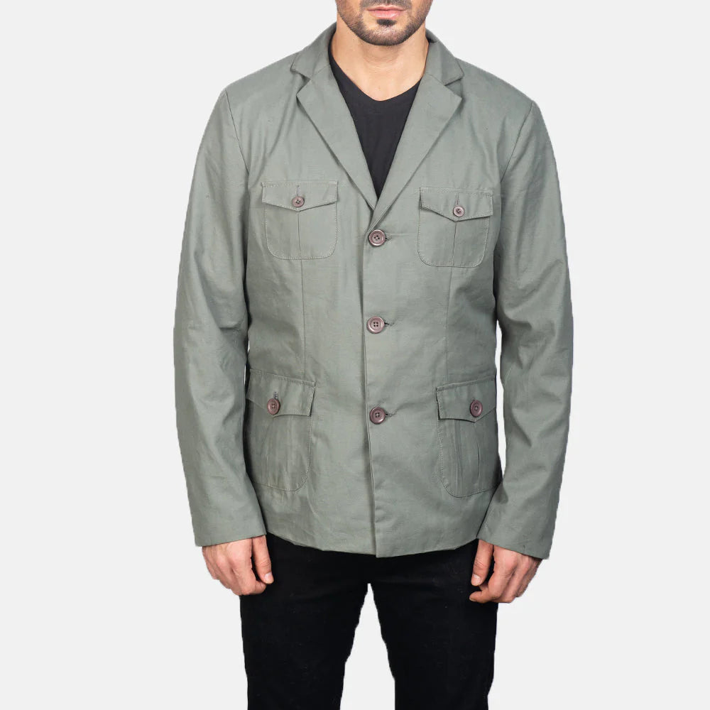 Kajetan Grey Safari Jacket by Lush Gear with buttoned flap pockets and classic collar on male model