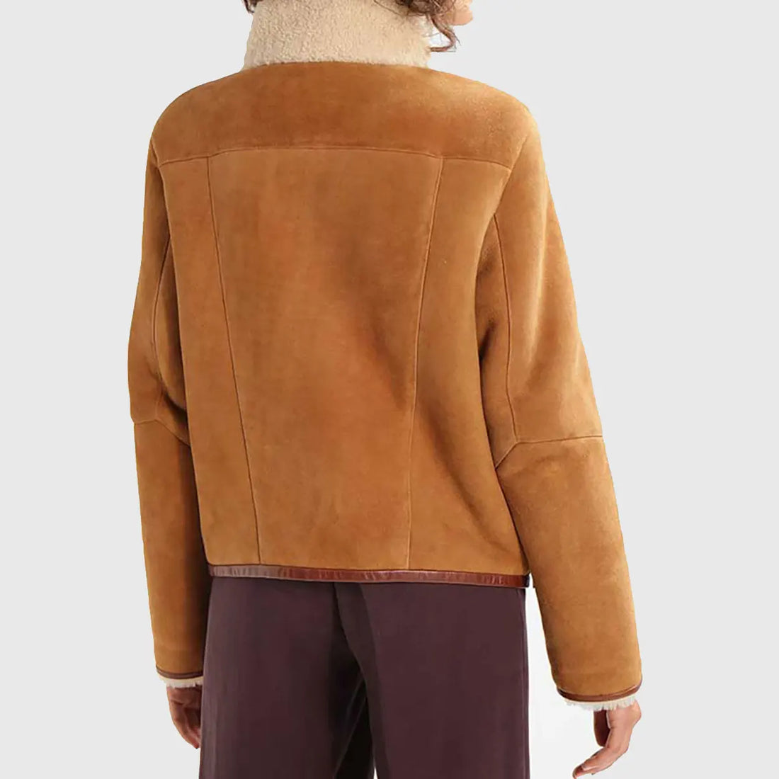 Back view of ladies brown suede aviator jacket with shearling collar by Lush Gear