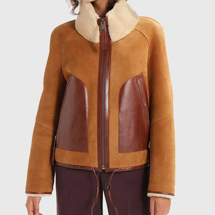 Ladies brown suede aviator jacket with shearling collar and leather pocket details from Lush Gear