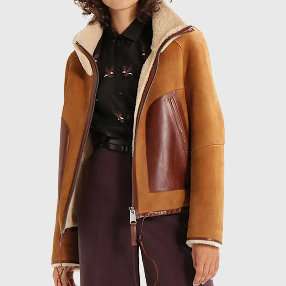 Ladies brown suede aviator jacket by Lush Gear with shearling lining and leather pocket details