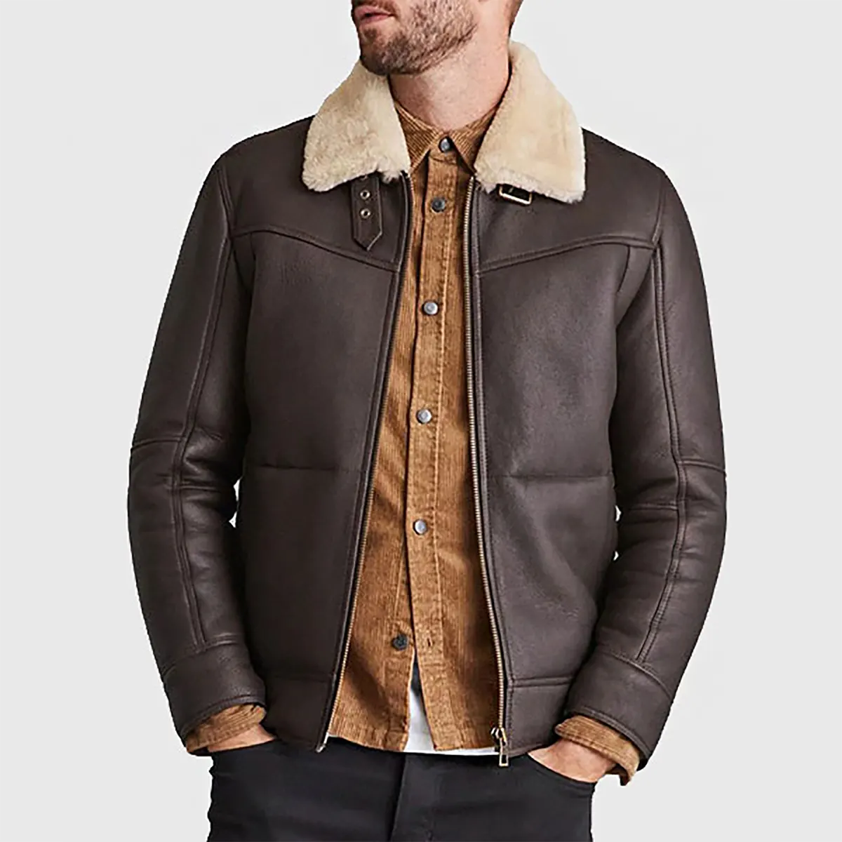 Lush Gear brown leather aviator jacket for men with shearling collar and zipper front