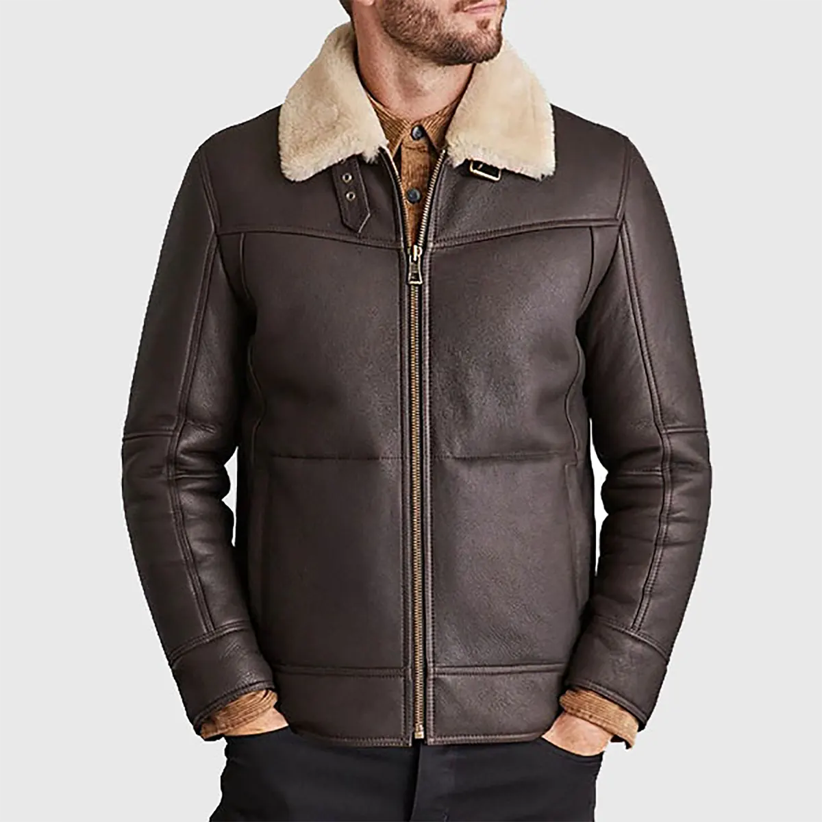 Lush Gear brown leather aviator jacket for men with shearling collar and front zipper