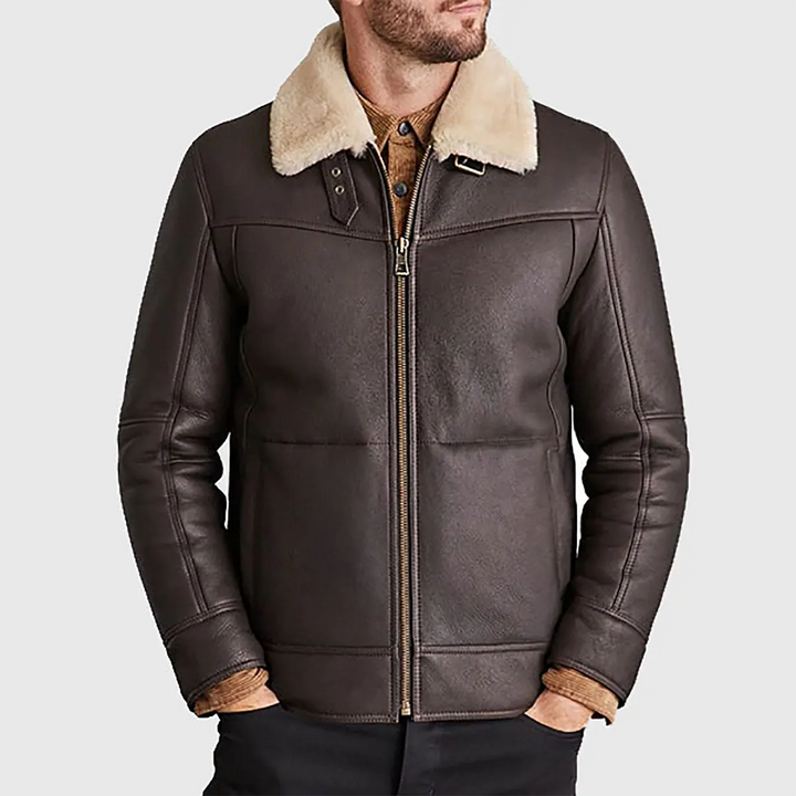 Lush Gear brown leather aviator jacket for men with shearling collar and front zipper