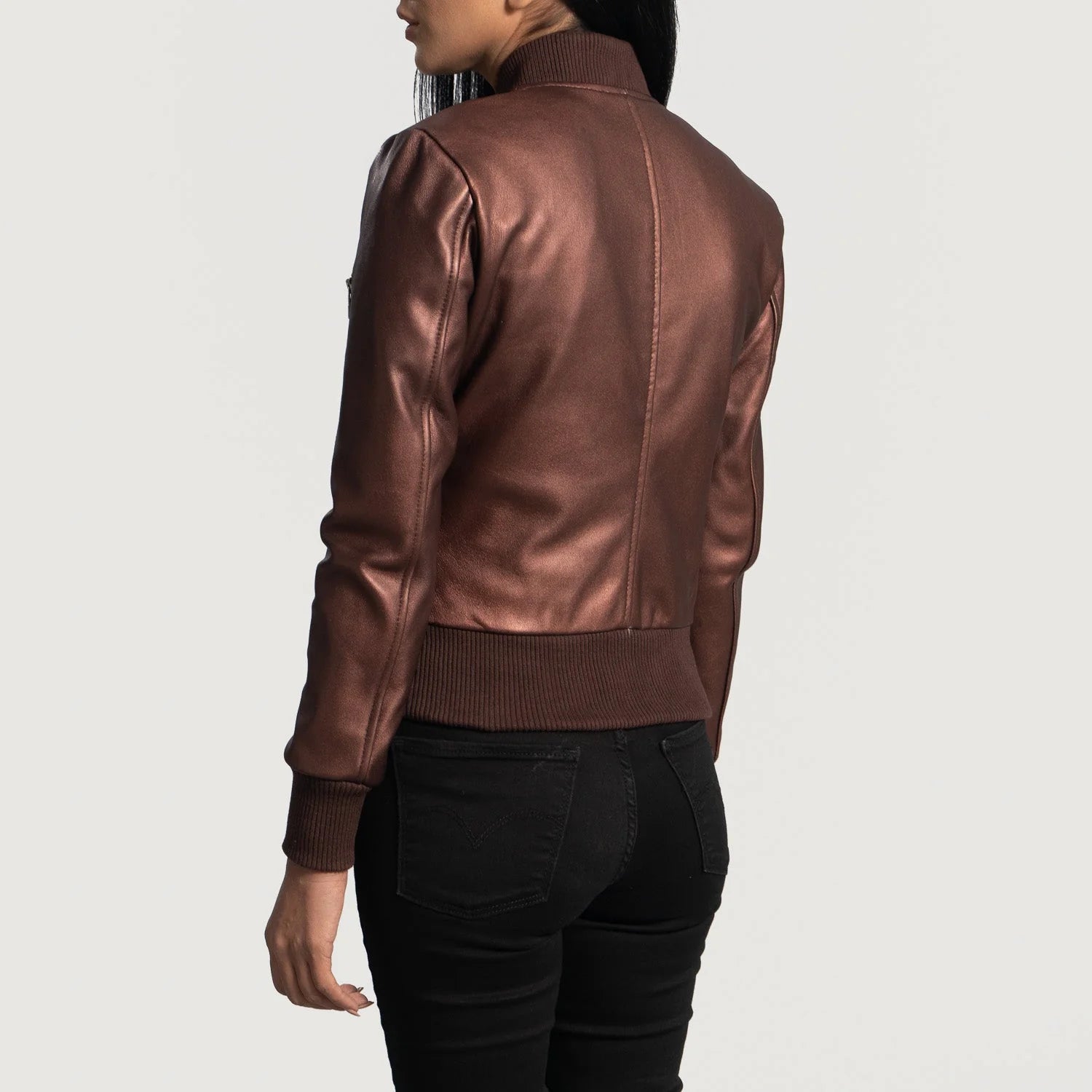 Lush Gear brown leather bomber jacket for women shown from the back with ribbed cuffs and waistband
