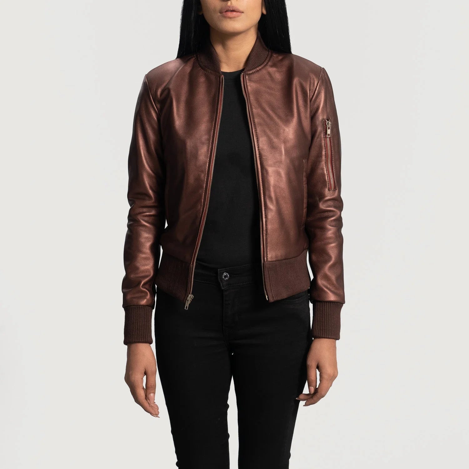Lush Gear brown leather bomber jacket for women with front zipper and ribbed cuffs
