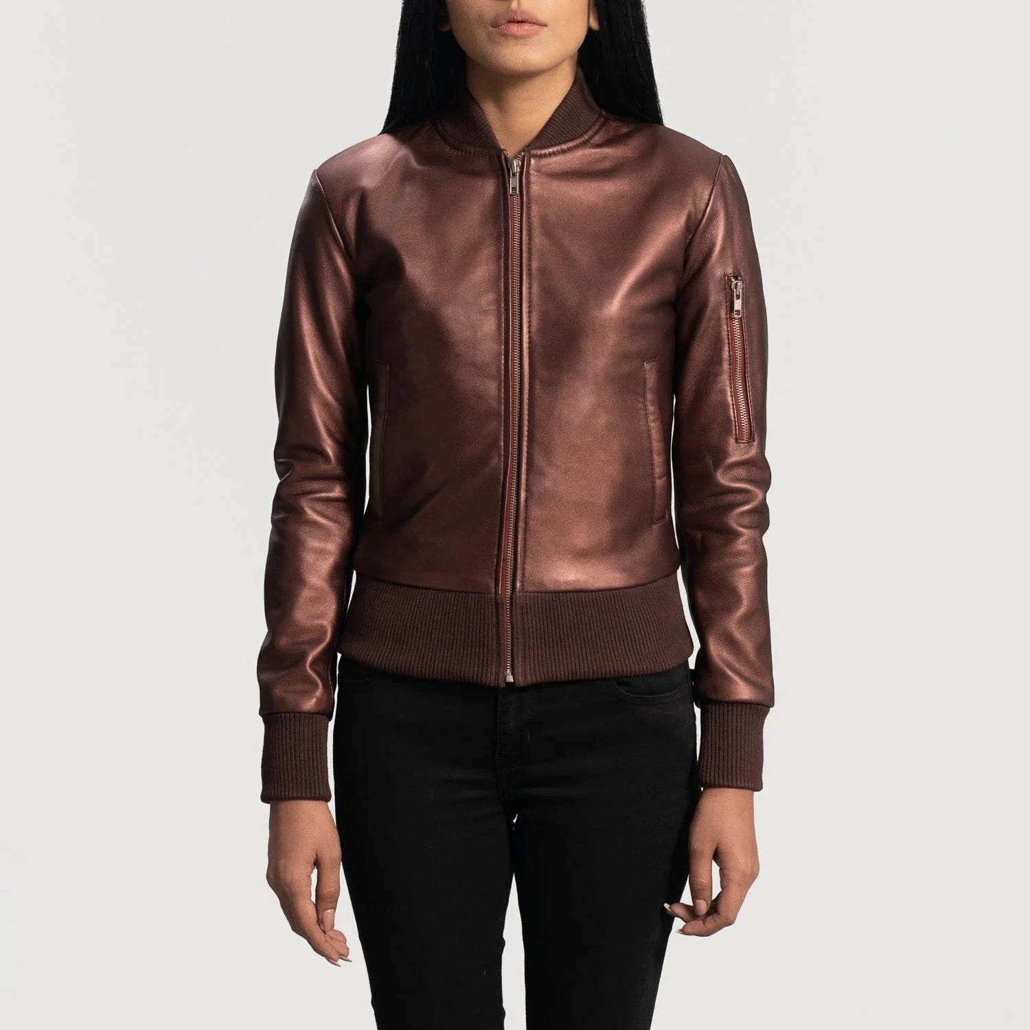 Lush Gear brown leather bomber jacket for women with front zipper and ribbed cuff