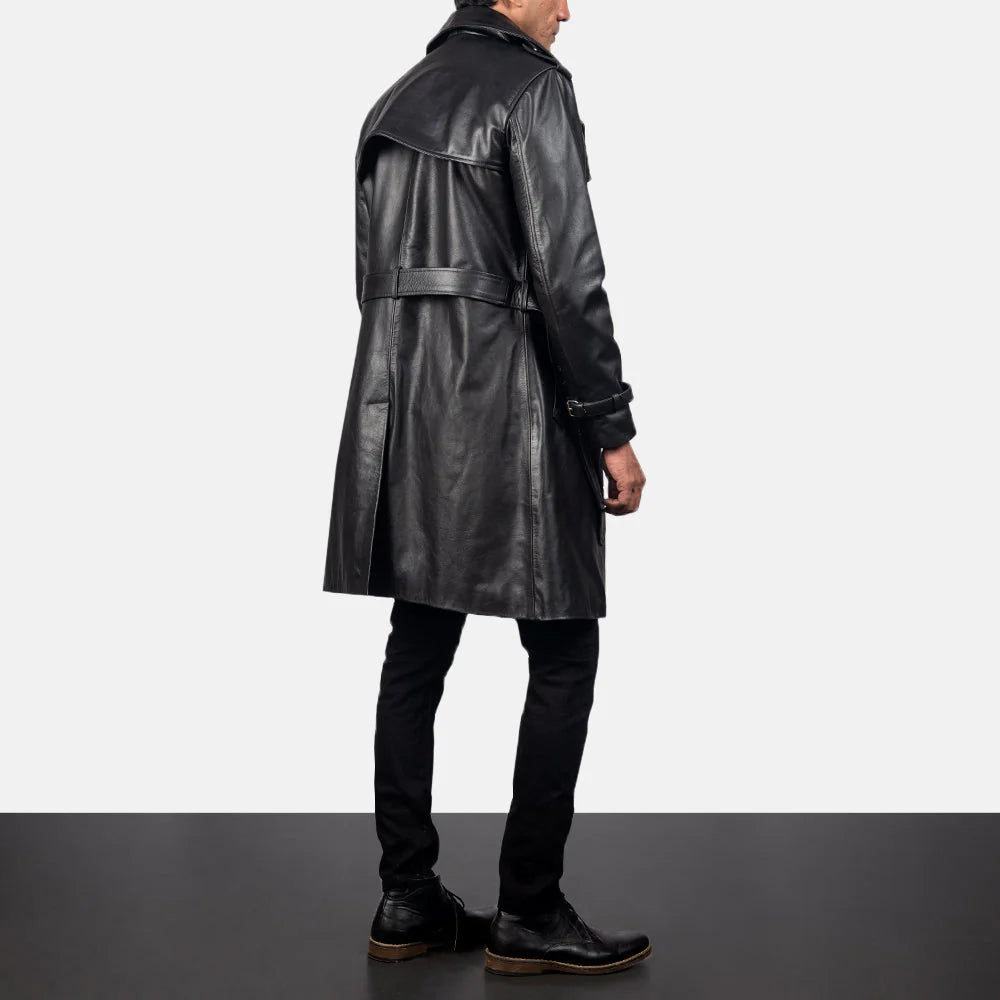 Black leather coat with belt for men styled by Lush Gear shown from the back on a standing male model