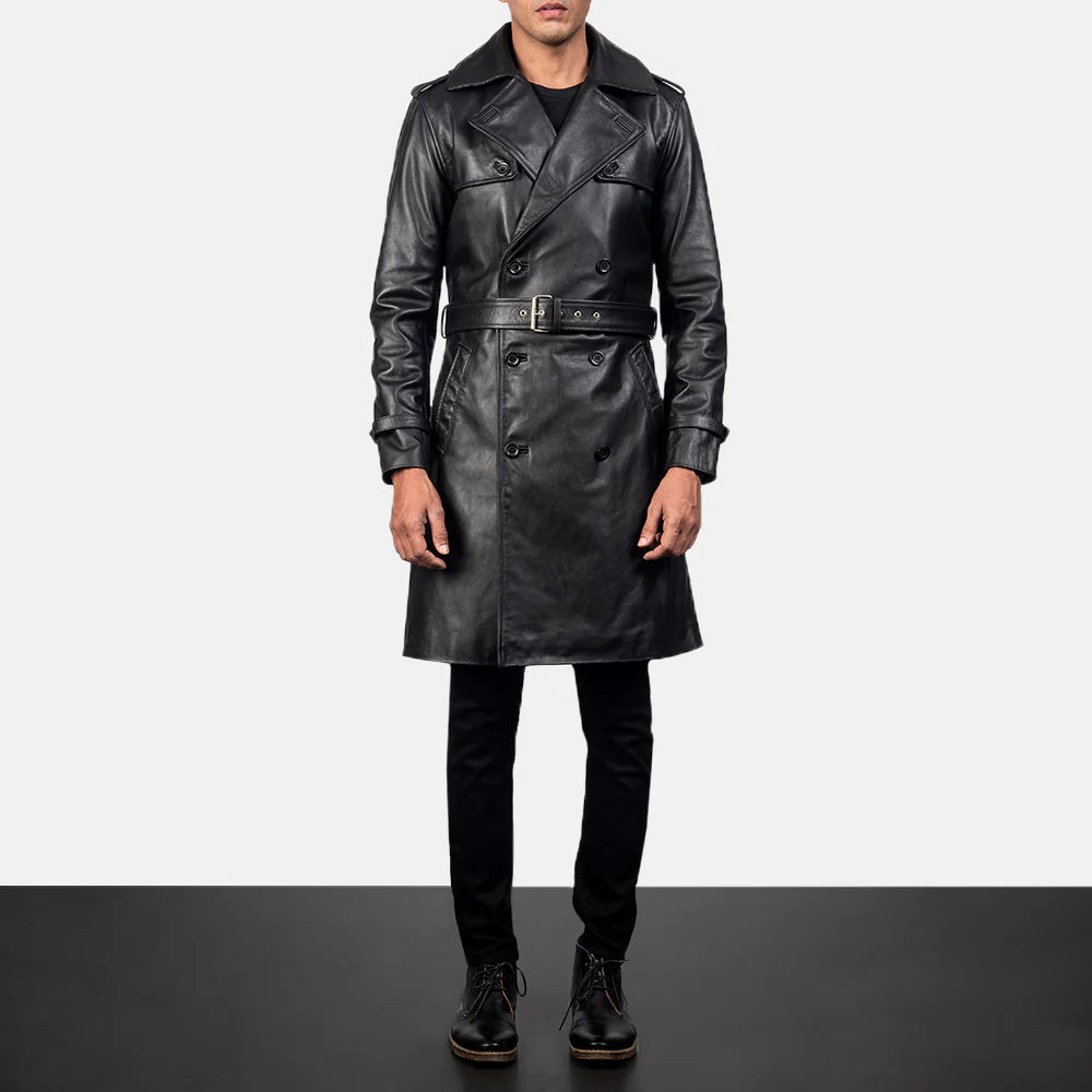 Lush Gear black leather coat with belt for men styled with black pants and shoes