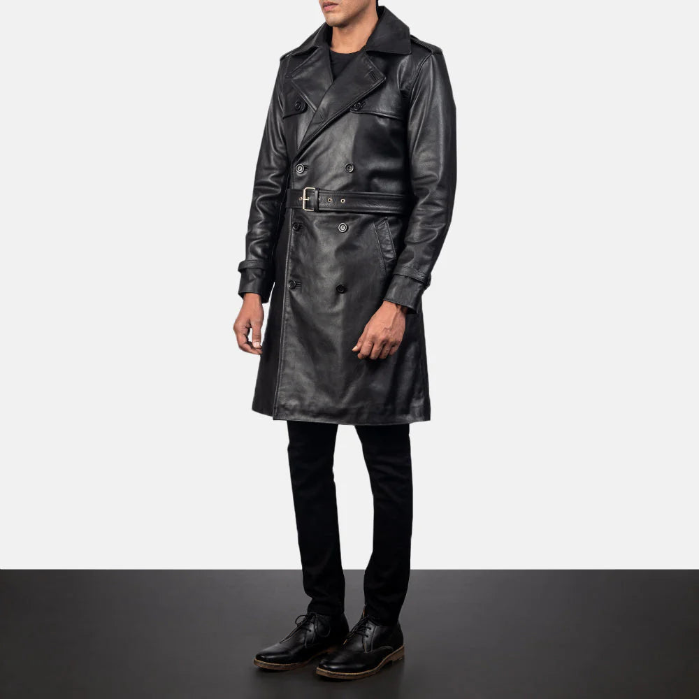 Lush Gear black leather coat with belt for men featuring double-breasted buttons and long sleeves