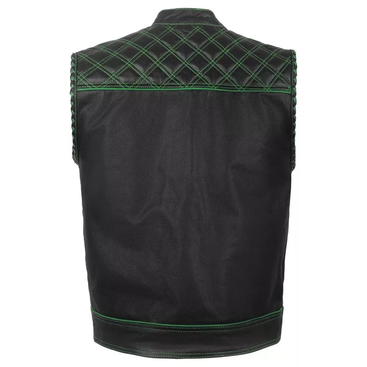 Leather Denim Vest Men Vest handmade black leather biker vest motorcycle vest with green stitching