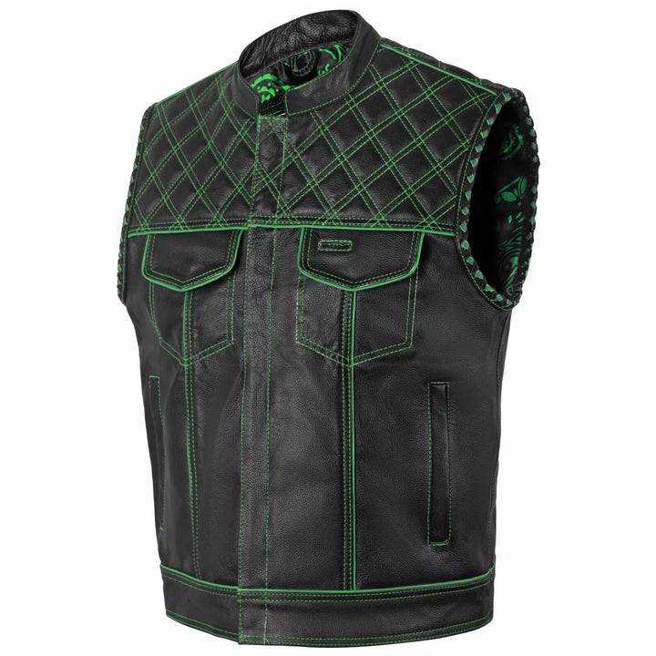 Leather Denim Vest Men Vest handmade leather biker vest motorcycle vest with green stitching