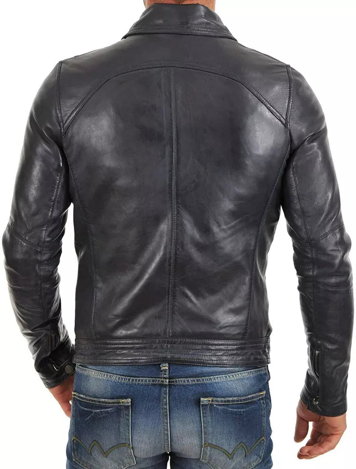 Back view of Leather Men's Genuine Lambskin Leather Jacket in black worn with blue jeans by Lush Gear