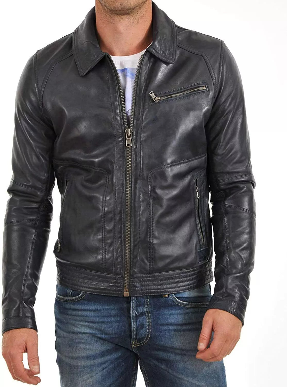 Leather Men's Genuine Lambskin Leather Jacket in black with front zipper and chest pocket zipper