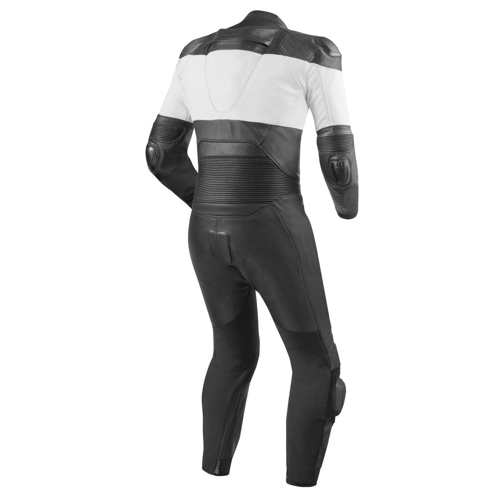 Black and white leather motorbike suit for sale by Lush Gear showing back view with padded protection