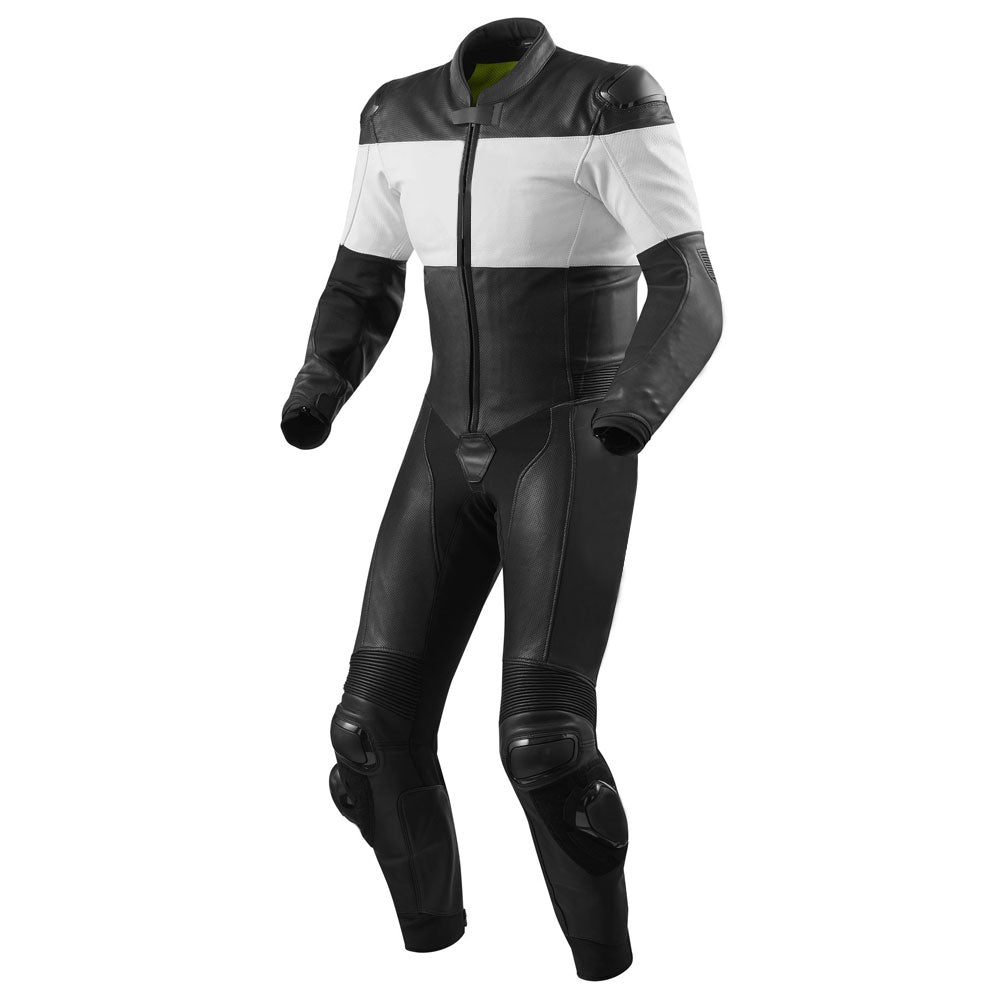 Black and white leather motorbike suit for sale by Lush Gear with protective padding and zip closure